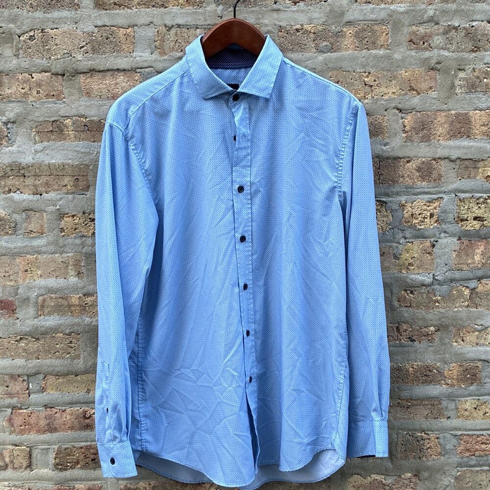 Jos. A. Bank Traveler Tailored Blue Geometric Stretch Dress Shirt‎ M Long Sleeve